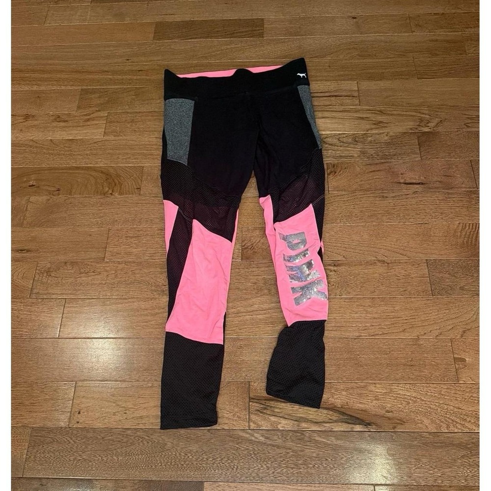 PINK Victoria's Secret Athletic Leggings Women's Black Pink Mesh Bejeweled Y2K M